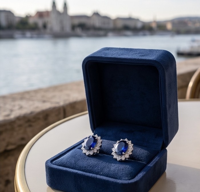 Giovanna - Authentic oval cut 6.8 carat Tanzanite .925 Sterling Silver handcrafted earrings - Blue tanzanite earrings in velvet box by the water.