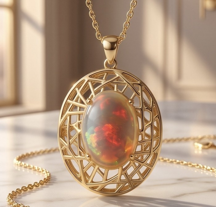 Earth Treasure Authentic 12.8 carat Golden Ethiopian Opal 22K Gold over .925 Sterling Silver handcrafted Statament Necklace - Close-up of 12.8 carat Ethiopian Opal pendant with gold lattice design
