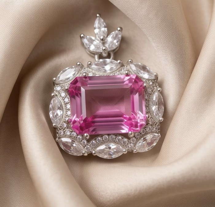 Vintage style boquette cut 12.8 carat Pink Sapphire .925 Sterling Silver DIPPED IN RHODIUM handmade Pendant - Pink sapphire pendant with diamond accents on silk fabric, top view.