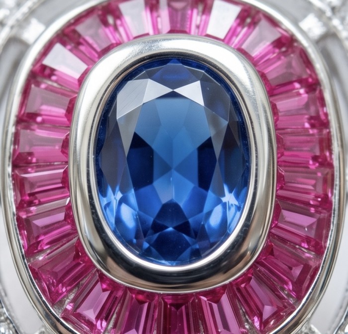 Art Deco 3.8 ctw Sapphire .925 Sterling Silver handcrafted Statement Ring size 7 1/2 - Stone close-up of Art Deco Sapphire with pink accent stones.