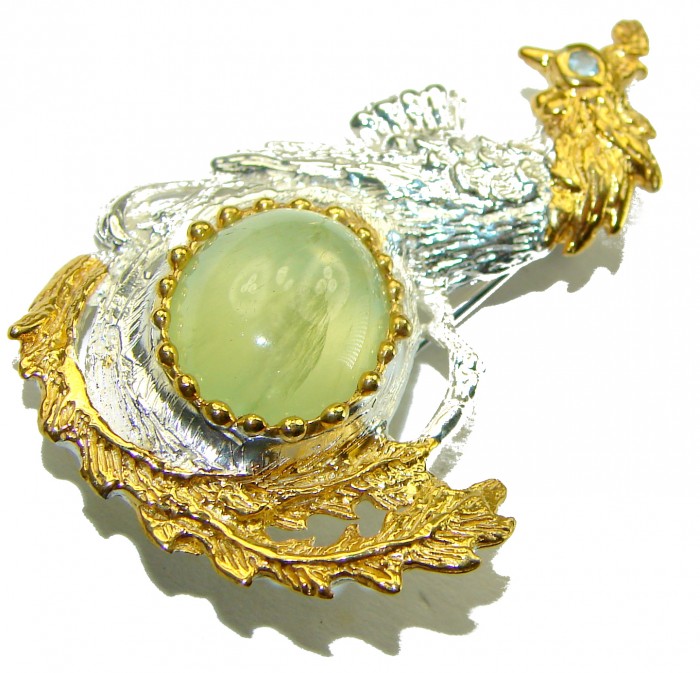 Green Rooster 11.2 carat Prehnite 2 tones .925 Sterling Silver handmade Pendant Brooch - photo 3