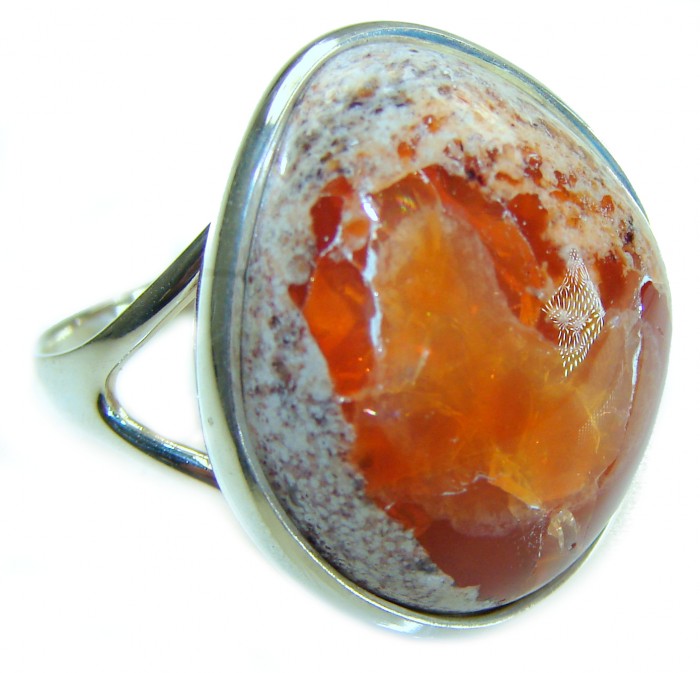 24.5 carat Authentic Mexican Opal .925 Sterling Silver handcrafted ring size 8 3/4 - Close-up of 24.5 carat Mexican Opal in .925 Sterling Silver setting.