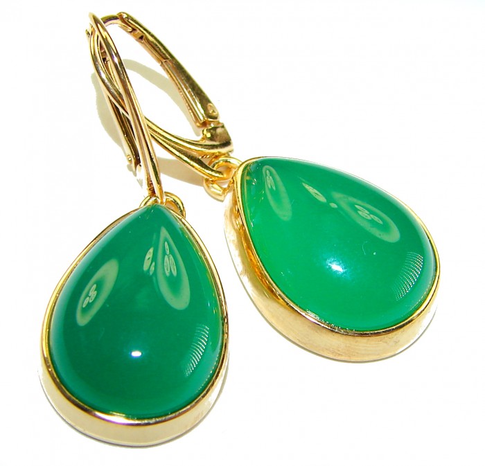 Unique genuine Jade 18K Gold over over .925 Sterling Silver handcrafted earrings - Close-up of jade teardrop earrings with gold over sterling silver settings.