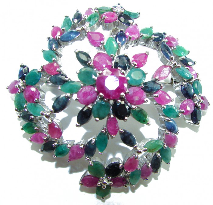 Heirloom Genuine 65.5 carat Kasmir Ruby Emerald Sapphire .925 Sterling Silver handmade Pendant - Brooch - Top view of Heirloom 65.5 ct Ruby, Emerald, Sapphire brooch.
