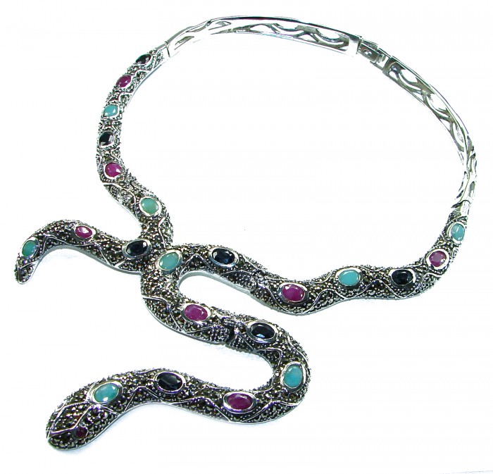Large Snake genuine 18.5 carat Ruby from Madagaskar Marcasite .925 Sterling Silver handcrafted necklace - Snake necklace with rubies, turquoise, and black stones; top view.