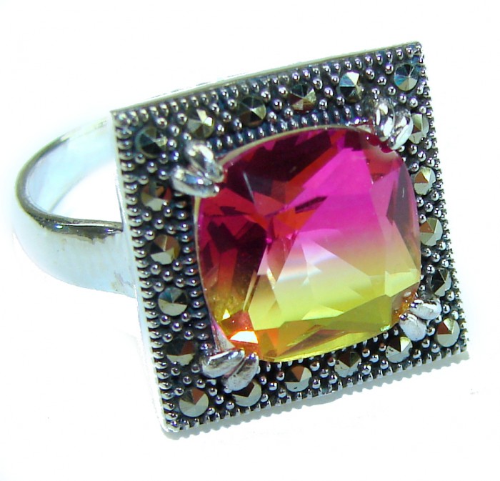 7.5 carat Ametrine Marcasite .925 Sterling Silver HANDCRAFTED Ring s. 8 - Close-up of 7.5 carat Ametrine Marcasite square ring in sterling silver.