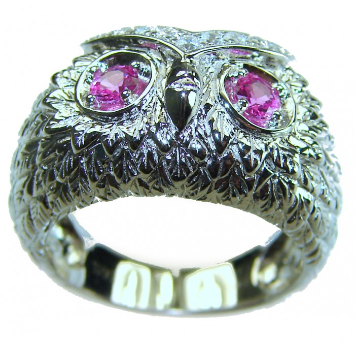 Owl 2.1 carat Pink Tourmaline Eyes .925 Sterling Silver dipped in real Gold handmade Ring size 7 1/4 - Owl ring, pink tourmaline eyes, sterling silver, front close-up view.