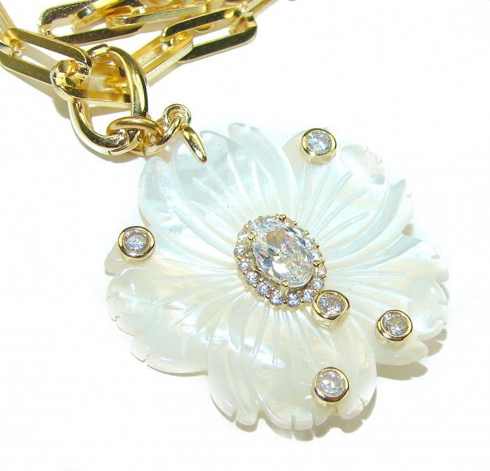 Precious White Flowers Blister Pearl 0.7 carat White Sapphire 14K Gold over .925 Sterling Silver .925 Sterling Silver Necklace - Close-up of white flower pendant with sapphires on gold chain.