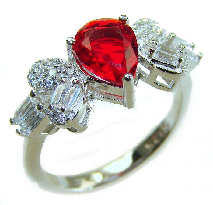 Natural 4.5 carat Ruby .925 Sterling Silver handmade Statement Ring size 6 1/4 - Close-up of sterling silver ring with 4.5 carat ruby and diamond accents.