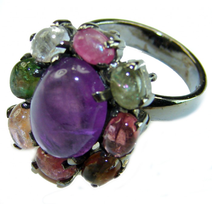 Purple Royalty 14.5 carat Amethyst .925 Sterling Silver dipped in black rhodium Handcrafted Ring size 7 - Amethyst ring with multicolored stones, top view close-up.