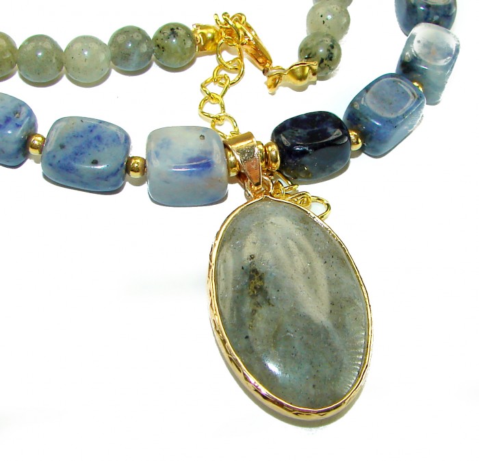 Simple genuine Moss Prehnite SODALITE Necklace 10k Gold over .925 Sterling Silver 16 inches necklace - Close-up of Moss Prehnite and Sodalite necklace with gold accents.