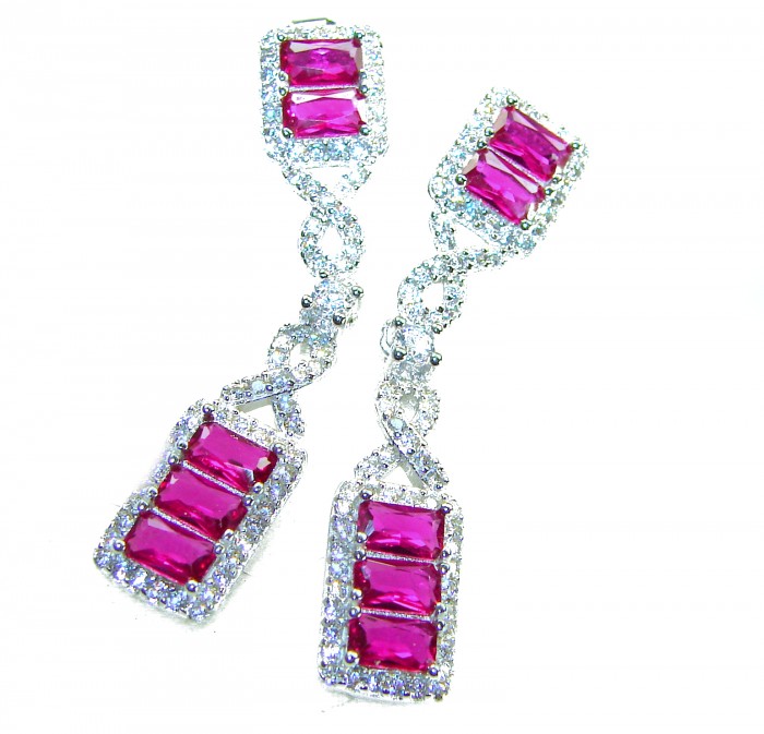 Art Deco - Giovanna - Magnificent Jewel 6.5 carat Ruby .925 Sterling Silver handcrafted incredible earrings - Close-up of Art Deco earrings with rubies and diamonds
