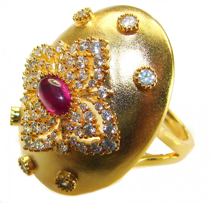 Byzantine design Authentic 2.2 carat 18K Gold over .925 Sterling Silver handcrafted Large Ring s. 8 - Byzantine gold ring with ruby and diamonds, angled top view.