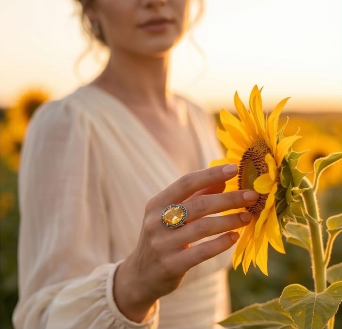 Golden Dream 22.5 carat Citrine Marcasite .925 Sterling Silver Handcrafted Ring size 8 3/4 - Close-up of Golden Dream Citrine ring worn on hand near sunflower.