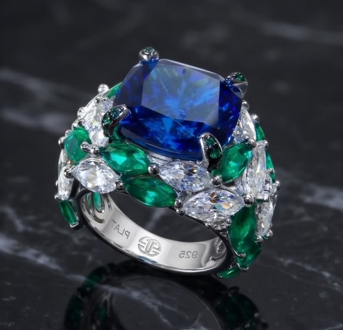 Nautilius 29.2 carat authentic Sapphire Chrome Diopside .925 Sterling Silver handcrafted Statement Ring size 7 1/4 - Close-up of Nautilus sapphire and diopside ring on black marble surface.