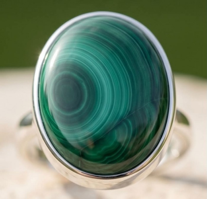 Green Aura 33.2 CARAT genuine Malachite from Utah .925 Sterling Silver handcrafted ring size 8 adjustable - Stone close-up of Green Aura 33.2 carat Malachite in .925 silver setting.