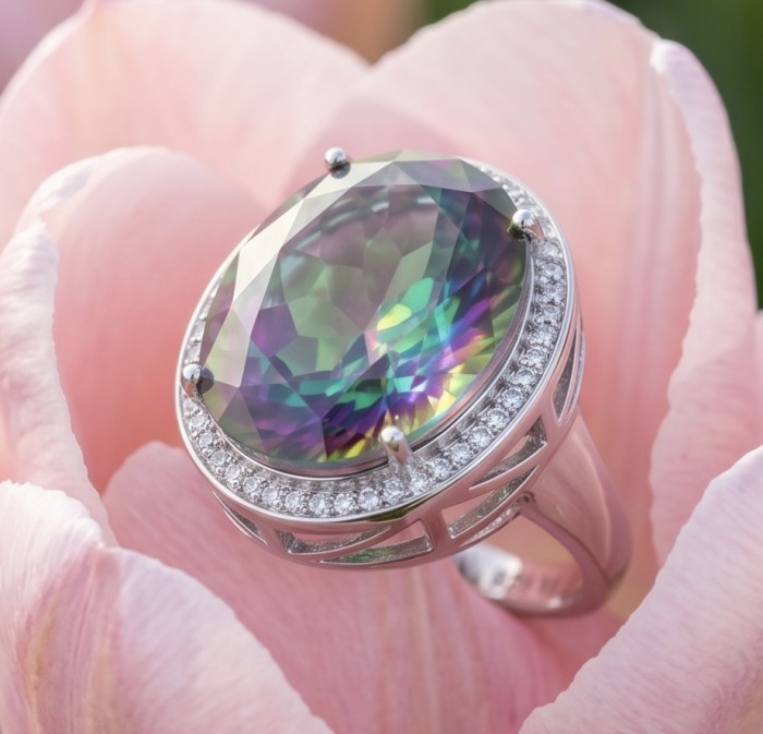 Massive 25.8 carat Mystic Topaz .925 Sterling Silver handcrafted Large ring size 7 - Close-up of 25.8 carat Mystic Topaz ring in a pink flower setting.