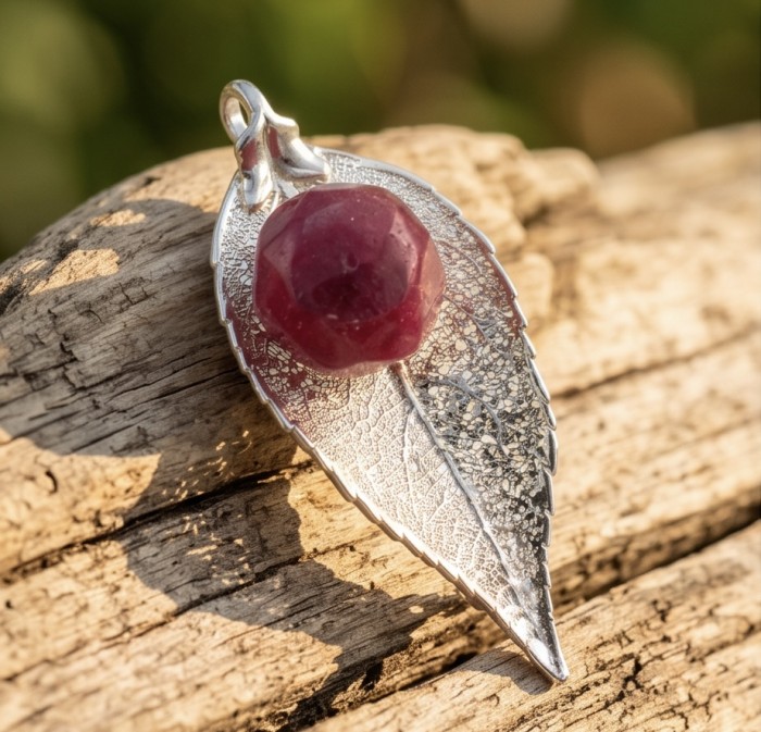 Stylish REAL Leaf dipped in gold Ruby .925 Sterling Silver and Copper Pendant - Leaf pendant with ruby, top view on wooden background.