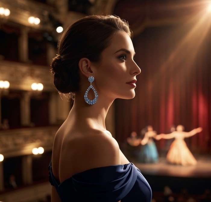 Atlantica 12.8 carat Swiss Blue Topaz 22K Gold over .925 Sterling Silver Handcrafted Statement earrings - Side view of Atlantica 12.8 carat Swiss Blue Topaz earrings worn.