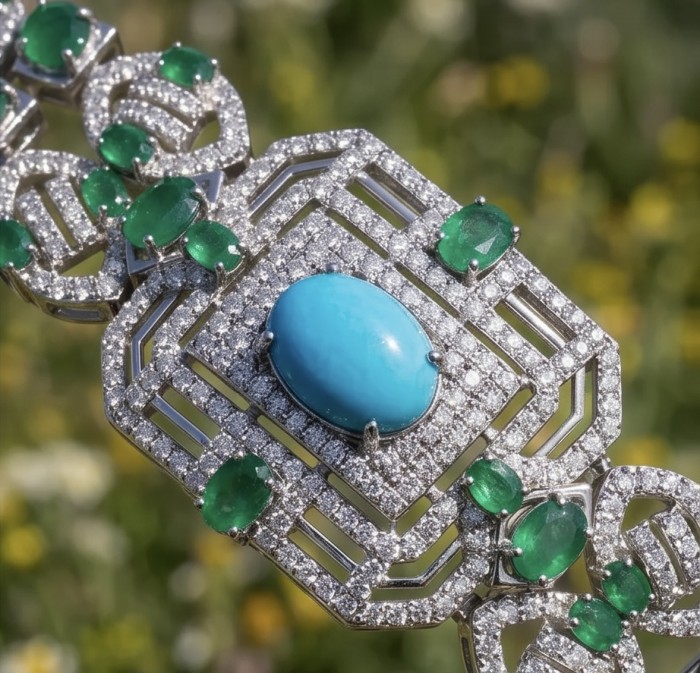 Art Deco - Pacifica - 98.4 carat Turquoise Emerald .925 Sterling Silver handmade Statement Bracelet - Close-up of Art Deco turquoise emerald bracelet, intricate details.