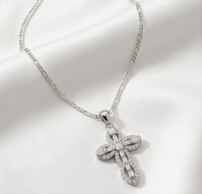 Precious Cross Genuine 14K White rhodium over .925 Sterling Silver handmade necklace - Necklace with cross pendant on fabric, top view, showcasing details