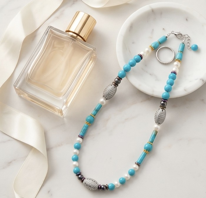 Luxurious Design genuine Turquoise Marcasite .925 Sterling Silver handcrafted Necklace - Luxurious turquoise necklace with perfume bottle on marble background