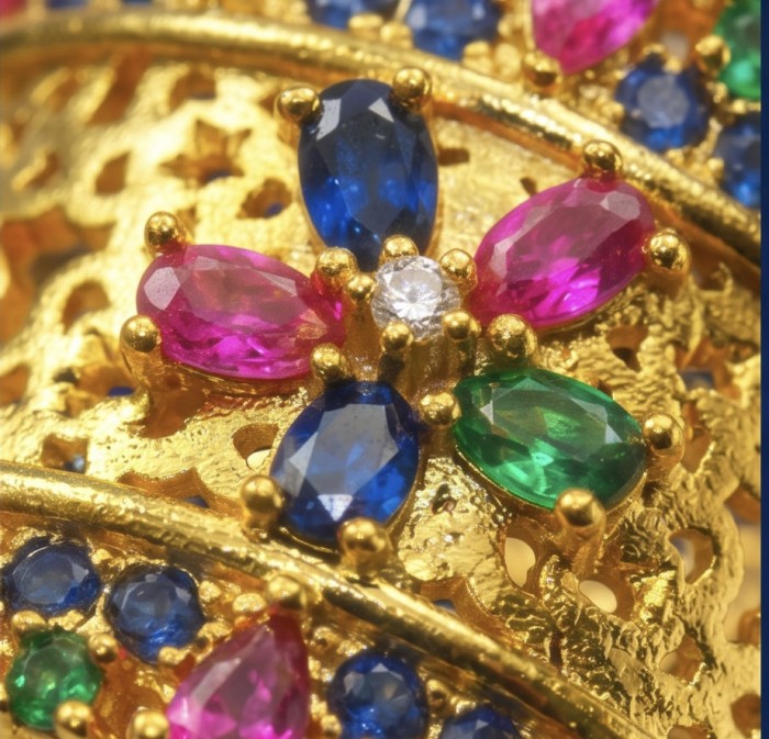Byzantine design Authentic Ruby 14K Gold over .925 Sterling Silver handmade Ring s. 7 adjustable - Close-up of Byzantine design ring with rubies and sapphire stones.