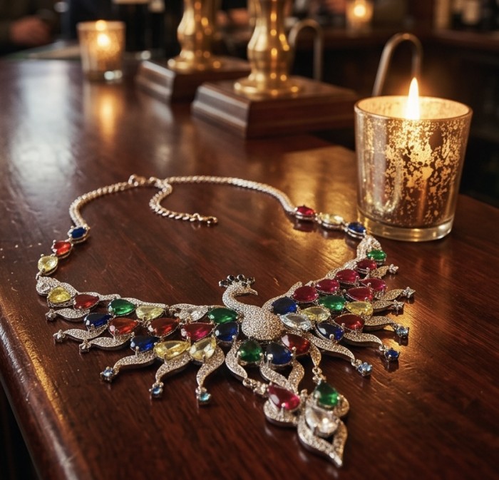 55.2 carat Graceful Swan Natural multicolor Topaz .925 Sterling Silver handcrafted Statement necklace - Topaz necklace on table, peacock design, sparkling under warm light.