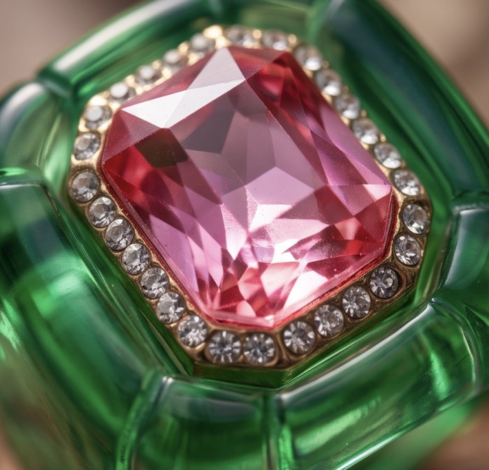 Candy Store - Modern Design Natural Green Raisin Pink Topaz .925 Sterling Silver ring size 8 1/2 - Close-up of Candy Store ring with pink topaz surrounded by diamonds.