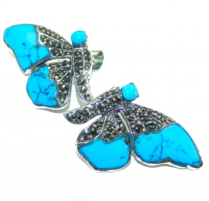 Blue Butterfly Precious natural Turquoise .925 Sterling Silver handcrafted Earrings - photo 2