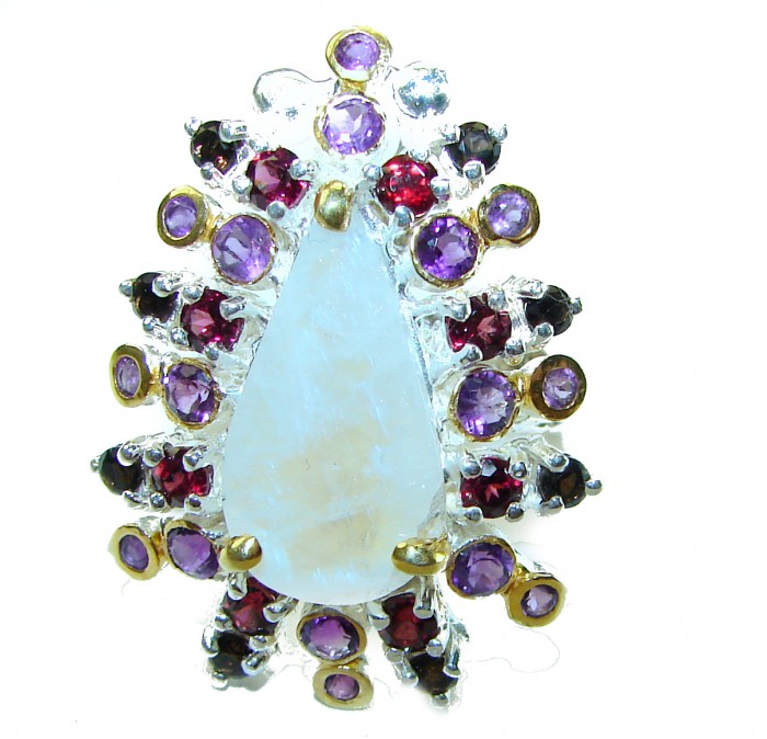 Moonlight Authentic 14.2 carat Fire Moonstone 18k Gold over .925 Sterling Silver handmade Satement ring s. 8 - Front view of moonstone ring with colorful gemstones and gold accents