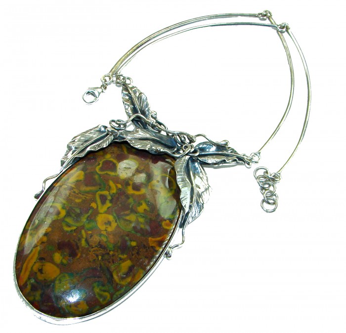 Wild Jangle Oversized Master-Piece genuine Rainforest Jasper .925 Sterling Silver handcrafted necklace - Close-up of Wild Jangle necklace with Rainforest Jasper and silver leaves.