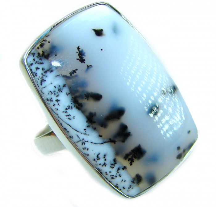 LARGE Top Quality Dendritic Agate .925 Sterling Silver handcrafted Ring s. 7 adjustable - Close-up of dendritic agate in sterling silver setting ring.