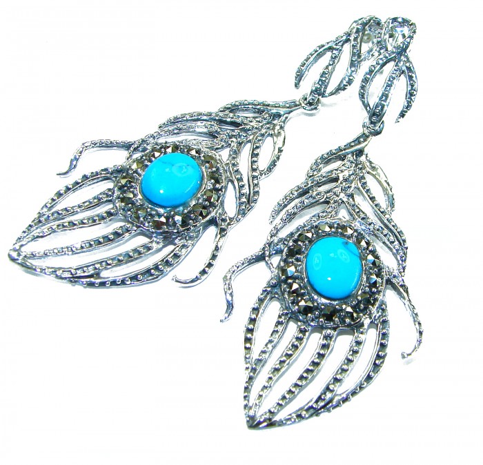 Peacock Feather design genuine Turquoise .925 Sterling Silver handcrafted Earrings - Peacock feather earrings with turquoise, close-up view.