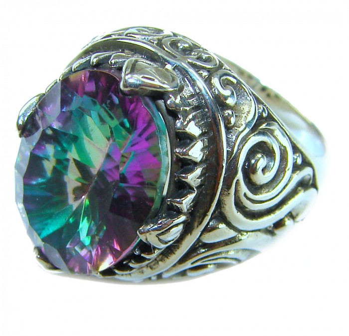 Big Dreamer Massive 11.8 carat Mystic Topaz .925 Sterling Silver handcrafted Large ring size 6 - Close-up of ornate sterling silver ring with multicolor mystic topaz