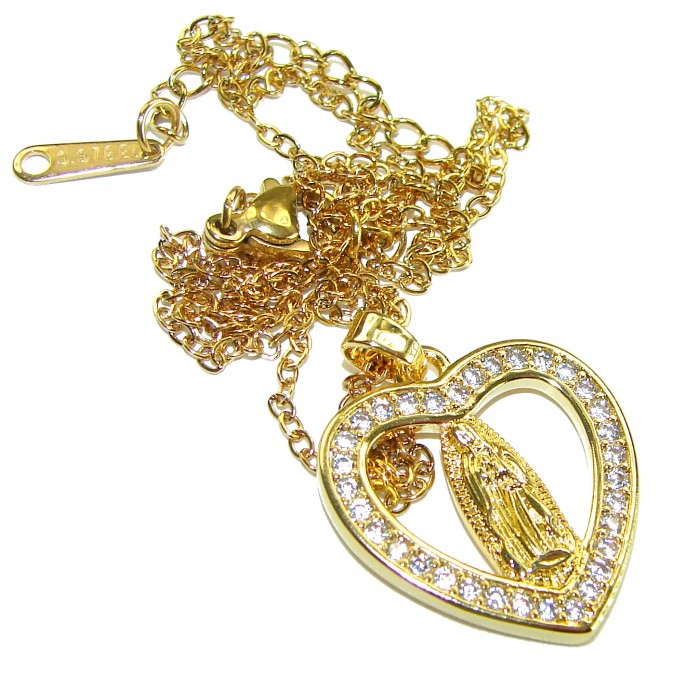 Holy Mary - Vintage design - 10K Gold over 925 Sterling Silver handcrafted Necklace - Heart pendant necklace close-up with Holy Mary, gold over silver.