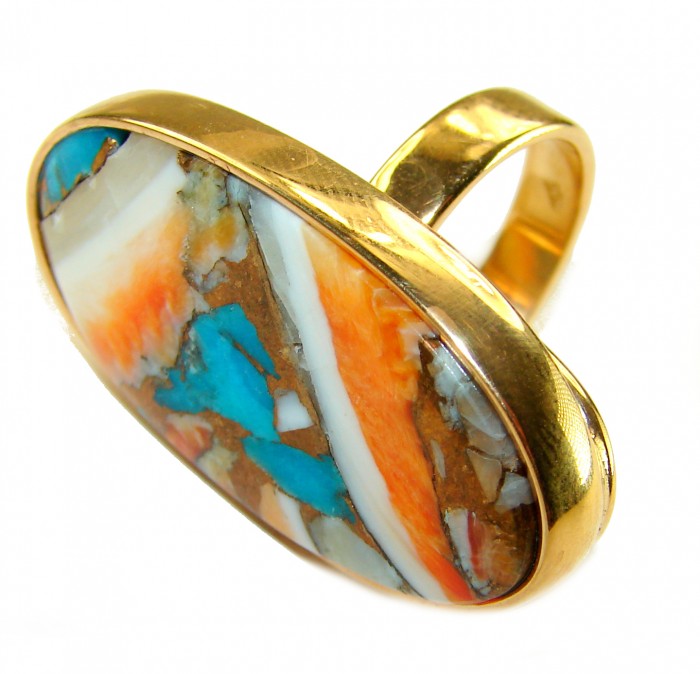 Rare 29.5 carat Oyster Turquoise 18K Gold over .925 Sterling Silver handcrafted Large ring; s. 6 adjustable - Side view of Oyster Turquoise ring in 18K Gold over .925 Sterling