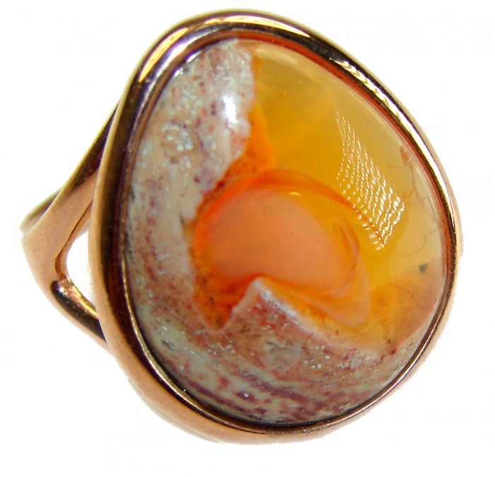Bonfire Night best quality 27.4 carat Mexican Opal .925 Sterling Silver dipped in 18K Gold handmade ring 6 - Close-up of 27.4 carat Mexican Opal ring in .925 sterling silver setting.