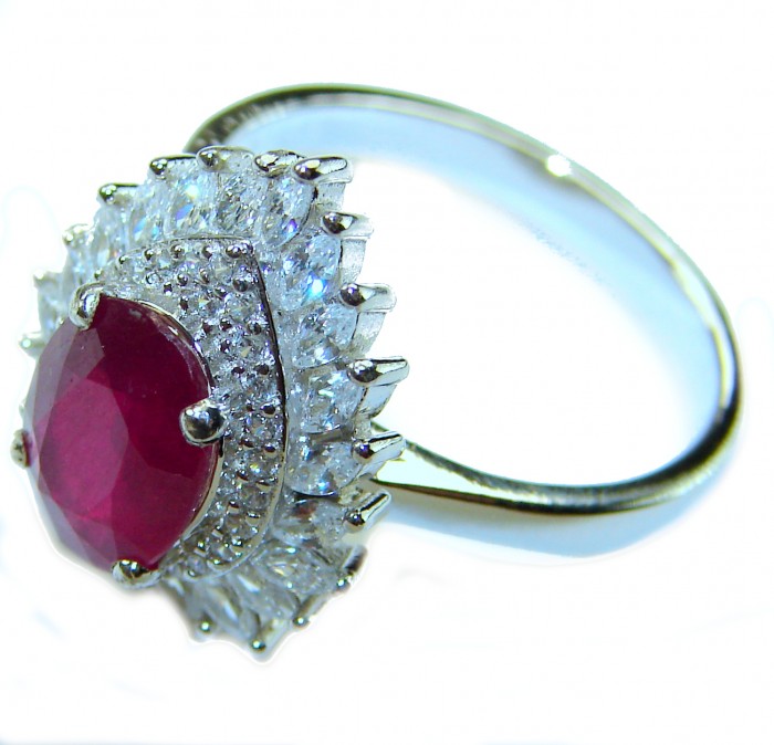 Real Beauty Natural 8.9 carat Ruby .925 Sterling Silver handmade Statement Ring size 8 1/4 - Close-up of 8.9 carat ruby ring in .925 sterling silver setting.