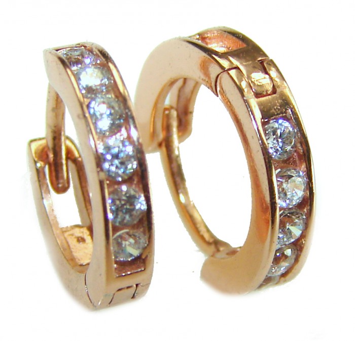 0.5 carat Cute .925 Sterling Silver dipped in Rose Gold handmade Hoop Earrings - Rose gold hoop earrings with gemstones, side view close-up.