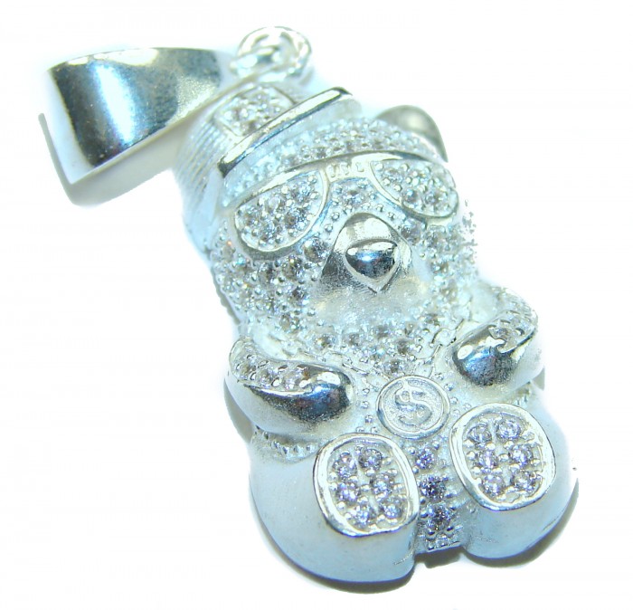Cute Teddy Bear Natural White Topaz .925 Sterling Silver handmade Pendant - Cute teddy bear pendant, white topaz, sterling silver, side angle view.