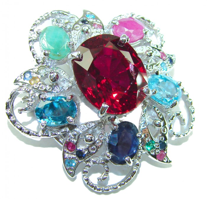 Rose Garden - Victorian style - 14.5 carat Authentic Ruby .925 Sterling Silver handcrafted Pendant Brooch - Close-up of Rose Garden brooch with 14.5 carat ruby and colorful gems