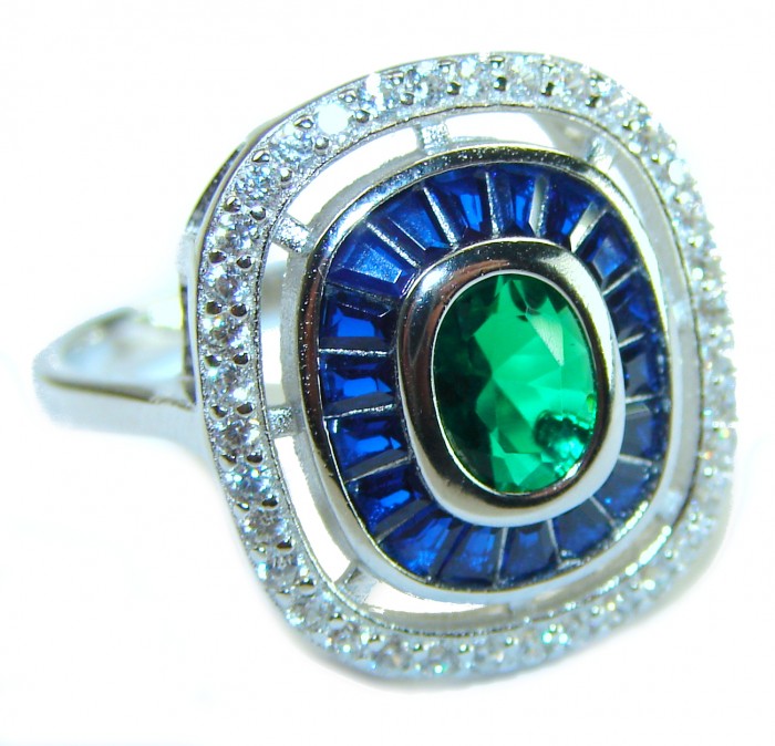 Art Deco 6.5 ctw Sapphire Emerald .925 Sterling Silver handcrafted Statement Ring size 9 1/4 - Close-up of Art Deco Sapphire Emerald Sterling Silver ring.