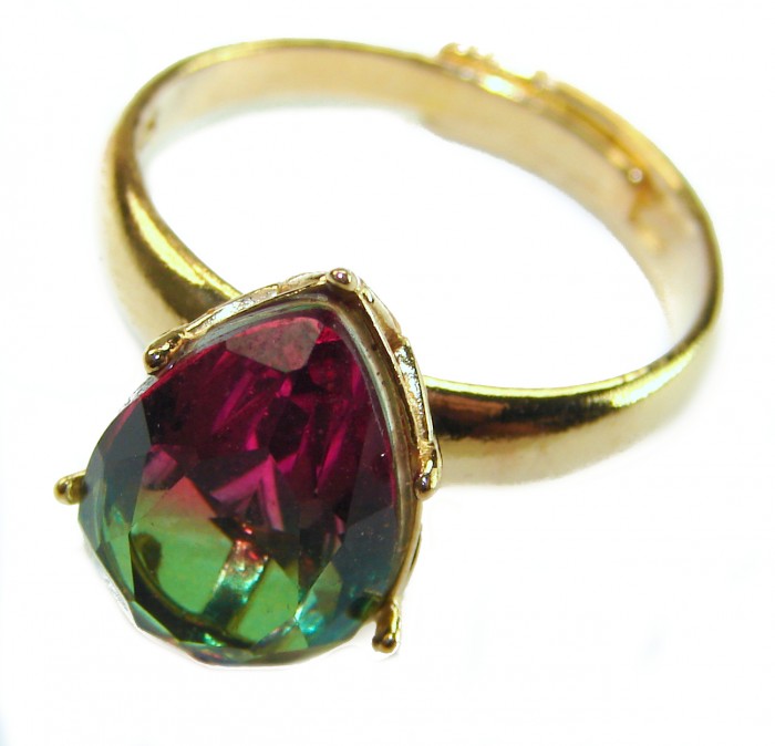 6.8 carat Brazilian Tourmaline .925 Sterling Silver dipped in 18K Gold Perfectly handcrafted Ring s. 9 adjustable - Close-up of Brazilian tourmaline ring with a gold band.