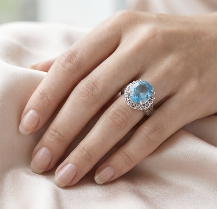 14.5 carat authentic Swiss Blue Topaz .925 Sterling Silver dipped in rhodium handmade Statement Ring size 8 1/4 - Worn on hand, 14.5ct Swiss Blue Topaz ring in .925 Sterling Silver.