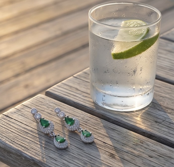 Isabella 2.5 carat emerald cut Colombian Emerald .925 Sterling Silver Perfectly handcrafted earrings - Emerald earrings on table with drink, outdoor setting.