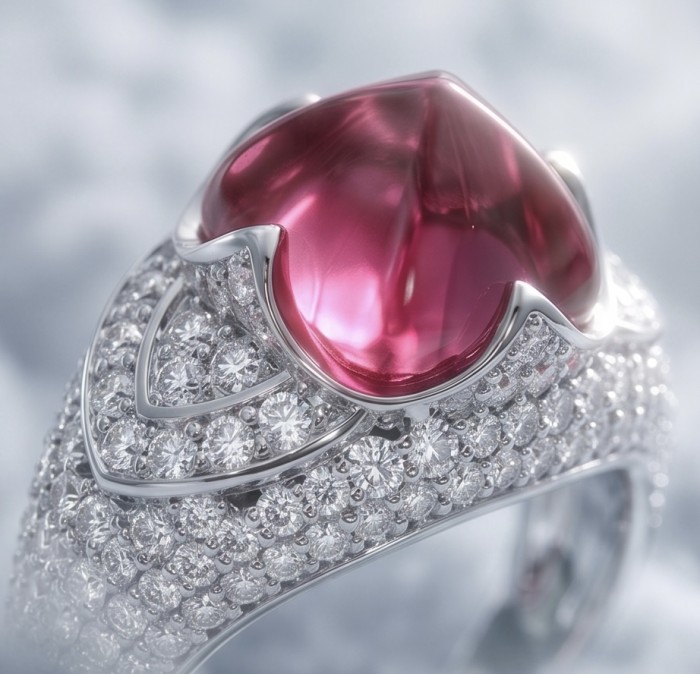 Bella Rosa Natural 5.8 carat Pink Tourmaline .925 Sterling Silver handmade Statement Ring size 7 - Close-up of Bella Rosa Pink Tourmaline ring with diamond accents.