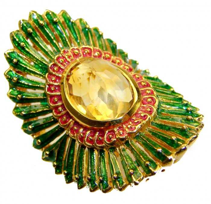 Paradise 10.5 carat Citrine green Enamel .925 Sterling Silver dipped in 18K Gold Handcrafted Huge Ring size 8 1/4 - Citrine and green enamel ring close-up, Paradise 10.5 carat.