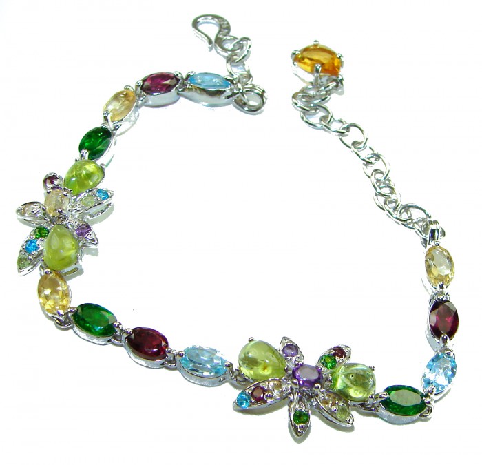 Spectacular 19.5 carat authentic Multistone .925 Sterling Silver handmade Bracelet - Colorful multistone bracelet, top view showing gemstones and clasp
