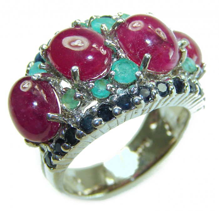 Precious natural Kashmir Ruby rhodium over .925 Sterling Silver handmade ring size 8 - Close-up of precious natural Kashmir Ruby ring, side view